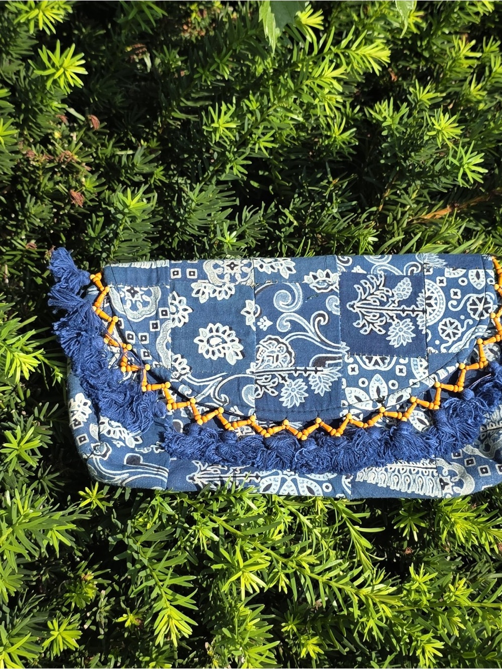 Boho Blue Bandana Print Tassel Clutch